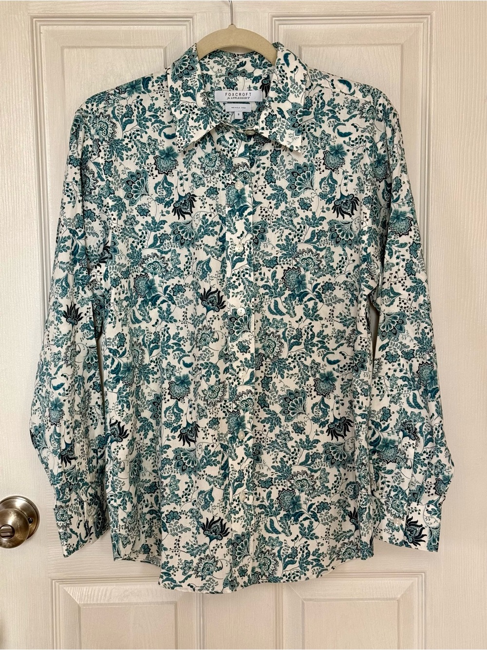 Foxcroft for Appleseed’s Wrinkle Free Button Front Blouse White w/ Teal Paisley